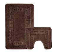 Velosso Non Slip Striped 2 Piece Bath Mat & Pedestal Mat Greek Key Plain Colours (Chocolate)