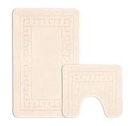 Velosso Non Slip Striped 2 Piece Bath Mat & Pedestal Mat Greek Key Plain Colours (Cream)