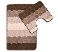 Velosso Non Slip Striped 2 Piece Bath Mat & Pedestal Mat Greek Key Plain Colours (Hex Latte)