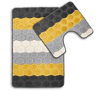 Velosso Non Slip Striped 2 Piece Bath Mat & Pedestal Mat Greek Key Plain Colours (Hex Ochre/Grey)