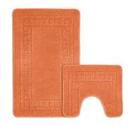 Velosso Non Slip Striped 2 Piece Bath Mat & Pedestal Mat Greek Key Plain Colours (Orange)