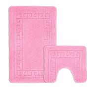 Velosso Non Slip Striped 2 Piece Bath Mat & Pedestal Mat Greek Key Plain Colours (Pink)