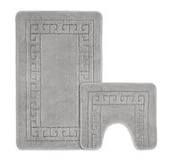 Velosso Non Slip Striped 2 Piece Bath Mat & Pedestal Mat Greek Key Plain Colours (Silver)