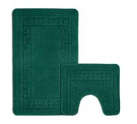 Velosso Non Slip Striped 2 Piece Bath Mat & Pedestal Mat Hex Greek Key Plain Colours (Emerald)