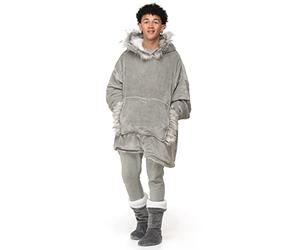 Velosso Oversize Hoodie Giant Sweatshirt Snug and Cosy Faux Fur Chunky Thermal Wearable Blanket Shaggy Fluffy Teddy Soft Hoodie Gift For Him Her with Pocket - Fur Trim Grey
