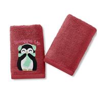 Velosso Pack of 2 Christmas Hand Towels - Festive Embroidered Design, Soft & Absorbent Cotton, Perfect for Bathrooms or Kitchens, Durable & Machine Washable (Penguins Snuggle Red)