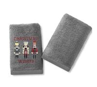 Velosso Pack of 2 Christmas Hand Towels - Festive Embroidered & Plain Design, Soft & Absorbent Cotton, Perfect for Bathrooms or Kitchens, Durable & Machine Washable (Nutcracker Grey)