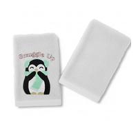 Velosso Pack of 2 Christmas Hand Towels - Festive Embroidered & Plain Design, Soft & Absorbent Cotton, Perfect for Bathrooms or Kitchens, Durable & Machine Washable (Penguin Snuggle White)