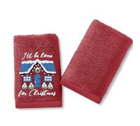 Velosso Pack of 2 Christmas Hand Towels - Festive Embroidered & Plain Design, Soft & Absorbent Cotton, Perfect for Bathrooms or Kitchens, Durable & Machine Washable (Xmas Ill Be Home Red)