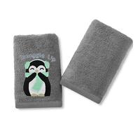 Velosso Pack of 2 Christmas Hand Towels - Festive Embroidered & Plain Design, Soft & Absorbent Cotton, Perfect for Bathrooms or Kitchens, Durable & Machine Washable (Penguins Snuggle Grey)