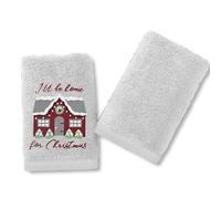 Velosso Pack of 2 Christmas Hand Towels - Festive Embroidered & Plain Design, Soft & Absorbent Cotton, Perfect for Bathrooms or Kitchens, Durable & Machine Washable (Xmas Ill Be Home White)