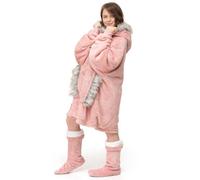 Velosso Pink Faux Fur Trim Sherpa Lined Oversized Hoodie Blanket