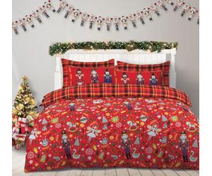 Velosso Plaid Christmas Duvet Cover & Pillowcase Set, Festive Nutcracker Design Bedding, Soft And Durable, Easy Care - Red