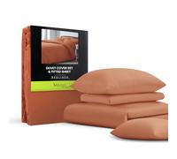 Velosso Plain Dye Duvet Cover and Fitted Sheet Complete Bedding Set Soft Microfibre Polyester Bedding Quilt Cover Set, pillowcase and matching Fitted Sheet (Single, Orange Rust)