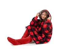 Velosso Red Buffalo Check Sherpa Lined Oversized Hoodie Blanket