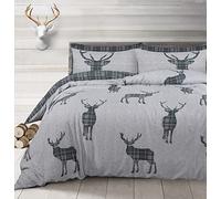 Velosso Reversible Stag Tartan Checkered EasyCare Bedding Natural Navy Grey (Grey, Single with Matching Sheet)