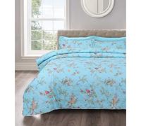 Velosso Shabby Chic Floral Quilted Bedspread Patchwork Comforter Set with Matching Pillowsham (Birds Floral Duck Egg, Double)