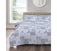 Velosso Shabby Chic Floral Quilted Bedspread Patchwork Comforter Set with Matching Pillowsham (Maya Grey, King)