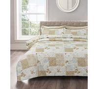 Velosso Shabby Chic Floral Quilted Bedspread Patchwork Comforter Set with Matching Pillowsham (Maya Natural, Double)
