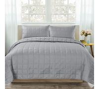 Velosso Squares Quilted Bedspread Comforter Set Embossed Box Stitched Square Design Soft Touch (Grey, King)