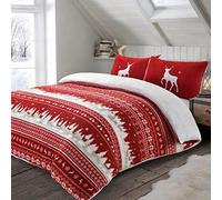 Velosso Teddy Cosy Fleece Xmas Nordic Penguins Duvet Cover Quilt Bedding Set with Pillow Case Thermal Warm Fluffy Super Soft (King, Nordic Red)