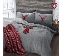 Velosso Teddy Cosy Fleece Xmas Nordic Penguins Duvet Cover Quilt Bedding Set with Pillow Case Thermal Warm Fluffy Super Soft (Double, Stag Head Silver Grey)