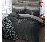 Velosso Teddy Cosy Fleece Xmas Nordic Penguins Duvet Cover Quilt Bedding Set with Pillow Case Thermal Warm Fluffy Super Soft (King, Stag Head Charcoal)