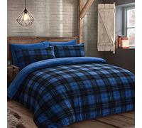 Velosso Teddy Fleece Reversible Double Duvet Cover Set, Modern Check Pattern 3 Piece Bedding Set with 2 Pillowcases, Button Closure (Blue)