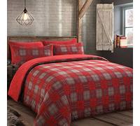 Velosso Teddy Fleece Reversible Single Bed Duvet Cover Set, Modern Check Pattern 2 Piece Bedding Set with 1 Pillowcase, Button Closure (Red)