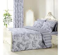 Velosso Toile De Jouy Classical 3pce Reversible Striped Bedding Duvet Cover and Pillowcase Set Button Closing (Grey, Single)