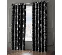 Velosso Total Blackout Ringtop Foil Printed Geometric Cubed Curtain Pair Thermal Insulated Eyelet Curtains for Bedroom Windows (Black, W66 x L90)