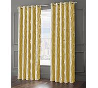 Velosso Total Blackout Ringtop Foil Printed Geometric Cubed Curtain Pair Thermal Insulated Eyelet Curtains for Bedroom Windows (Ochre/Yellow, W46 x L54)
