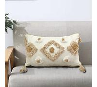 Velosso Tufted Boho Tassels Cushion Cover Soft Textured Geometric Decorative Throw Cushions Accent Pillows (Filled Boudoir, Oslo Beige)
