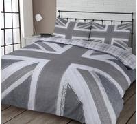 Velosso Union Jack Design Duvet Cover & Pillowcase Set, British Flag, Easy Care Bedding With Button Enclosure, Modern Print - Grey