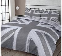 Velosso Union Jack Fully Reversible Duvet Cover & Pillowcase Set Checked Blue Red Grey Bedding Set (Classic Grey, Single)
