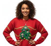 Velosso Unisex Christmas Jumper, Glitter Pom Poms Xmas Tree Festive Themed Red and Green Winter Thermal Sweater Womens Mens Gift (UK, Alpha, M, Regular, Regular, Xmas Tree Red)