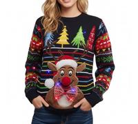 Velosso Unisex Christmas Jumper, LED Light Up Festive Sweater, Blue Red Multi Stripes, Reindeer Striped Winter Thermal Warm Sweater Mens Womens (UK, Alpha, L, Regular, Regular, Reindeer Stripes)