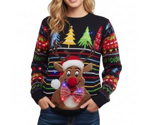 Velosso Unisex Christmas Jumper, LED Light Up Festive Sweater, Blue Red Multi Stripes, Reindeer Striped Winter Thermal Warm Sweater Mens Womens (UK, Alpha, XL, Regular, Regular, Reindeer Stripes)