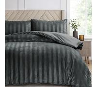 Velosso Velvet Touch Reversible Double Duvet Cover Set, Modern Striped Design, Hotel-Quality 3 Piece Bedding Set with 2 Pillowcases, Button Closure (Charcoal Grey)