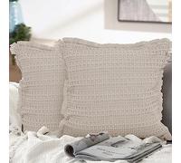 Velosso Waffle Tassel Fringed Scatter Soft Decorative Square Pillow for Sofa Chair Couch Bedroom Decorative Pillowcases 18x18inch 45x45cm (Beige, 2 x Filled Cushions)