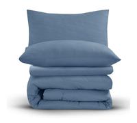Velosso Washed Linen Plain Dye Duvet Cover and Fitted Sheet Complete Bedding Set Soft Microfibre Polyester Bedding Quilt Cover Set, pillowcase and matching Fitted Sheet (Denim Blue, Double)