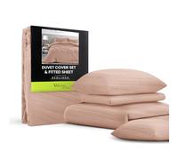 Velosso Washed Linen Plain Dye Duvet Cover and Fitted Sheet Complete Bedding Set Soft Microfibre Polyester Bedding Quilt Cover Set, pillowcase and matching Fitted Sheet (Rose Pink, Double)