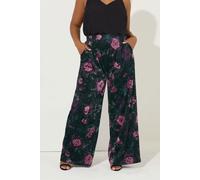 Velour Floral Wide Leg Trousers Yours Black 34-36