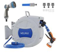 VELPAX Retractable Hose Reel Wall Mounted,25m Garden Hose Pipe Reel,with 8 Adjustable Spray Gun Nozzles,180° Pivot Swivelling,Outdoor Flexible Hose Reel Set for Garden Patios and Balconies