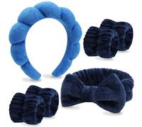 VELSCRUN 6 Pack Spa Headband, Makeup Headband, Face Wash Headbands, Skincare Headbands, Navy Blue Sponge Hair Band Bow Tie Spa Head Band for Washing Face Wristband Set Women Girls Hair Accessories