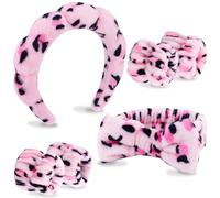 VELSCRUN 6 Pack Spa Headband, Makeup Headband, Face Wash Headbands, Skincare Headbands, Pink Leopard Sponge Hair Band Bow Tie Spa Head Band for Washing Face Wristband Set Hair Accessories for Women