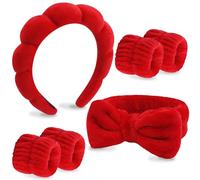 Velscrun 6 Pack Spa Headband, Makeup Headband, Face Wash Headbands, Skincare Headbands, Red Sponge Hair Band Bow Tie Spa Head Band for Washing Face Wristband Set Hair Accessories for Women Girls Gifts