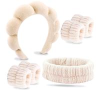 VELSCRUN 6 Pcs Khaki Bubble Puffy Sponge Spa Headband Wristband Set, Spa Headbands for Wash Face, Makeup Headband, Facial Skincare Headbands Women Girls Sleepover Party Supplies Hair Accessories