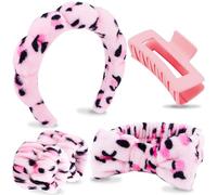 VELSCRUN 6 Pcs Pink Leopard Puffy Sponge Spa Headband Bow Tie Hair Band Hair Clips Wristband Set, Spa Headbands for Wash Face, Makeup Headband, Facial Skincare Headbands Women Girls Hair Accessories