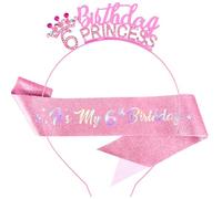 VELSCRUN 6th Birthday Princess Headband, Pink Princess Tiara Crown for Girls, It's My 6th Birthday Sash, Happy Birth Party Decorations for Girl, 6 Year Old Birth Gifts Cake Topper Hair Accessories